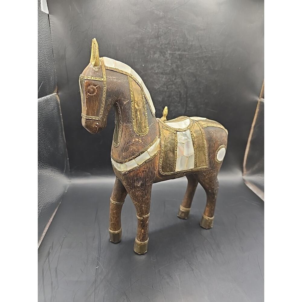 Vintage Wooden Horse Figurine Hand carved Hammered &‎ inlaid Brass & Pearl 10.5"